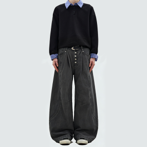 Button-washed curved work pants