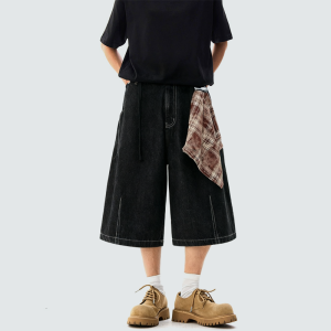 Color block square design denim shorts