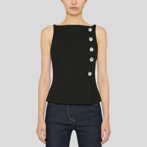 Simple side-buttoned round neck black vest