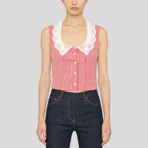 Red lace square neck button vest