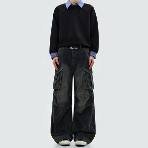 Washed multi-pocket straight-leg cargo pants