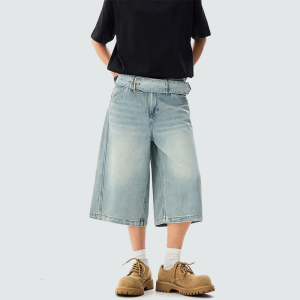 Retro street style wide-leg washed denim shorts