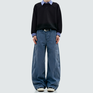 Washed distressed straight-leg cargo casual pants