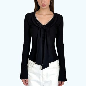 Lace trimmed V neck Long sleeved Top