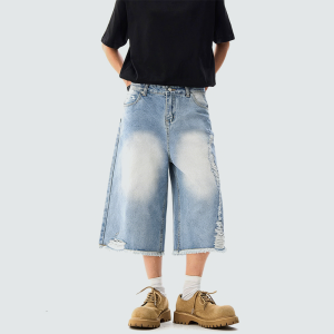 Printed knit wide-leg denim shorts