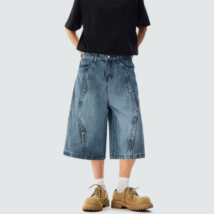Studded deconstructed loose denim shorts