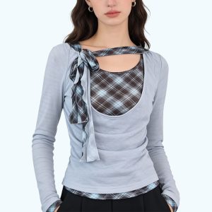 Plaid Faux Two-Piece Long-Sleeved Top