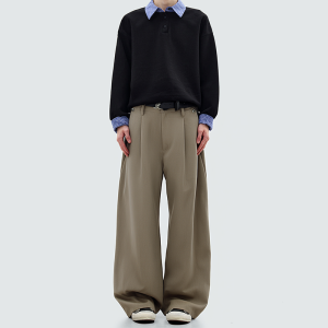 Retro straight-leg pleated casual pants
