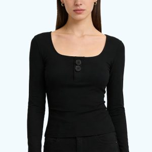 U-Neck Button-Up Long-Sleeve Top