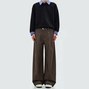 Button-up straight-leg loose-fitting casual A-line pants