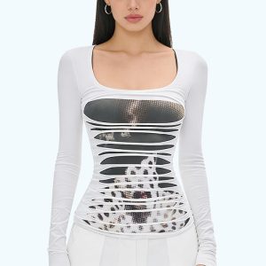Irregularly Ripped Long-Sleeved Top
