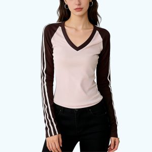 Color-Blocked V-Neck Slim-Fit Long-Sleeve Top