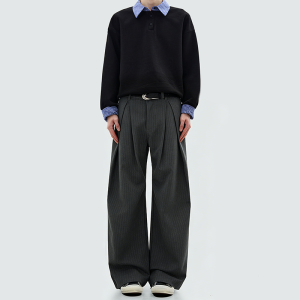 Striped straight-cut mid-rise casual A-line pants
