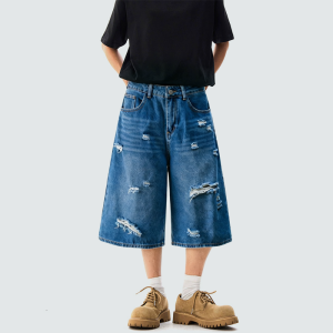 Street-style ripped wide-leg denim shorts
