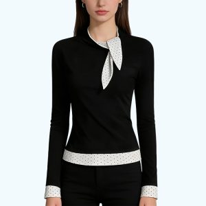 Polka Dot Bow Long-Sleeve Top