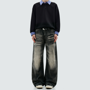 Washed distressed straight-leg wide-leg pants