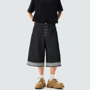 Color-blocked frayed wide-leg denim shorts