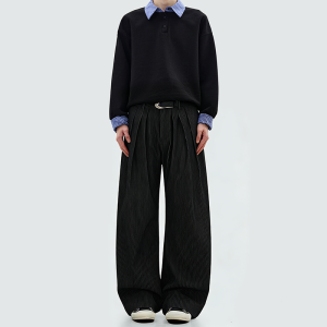 Striped pleated loose straight leg casual pants